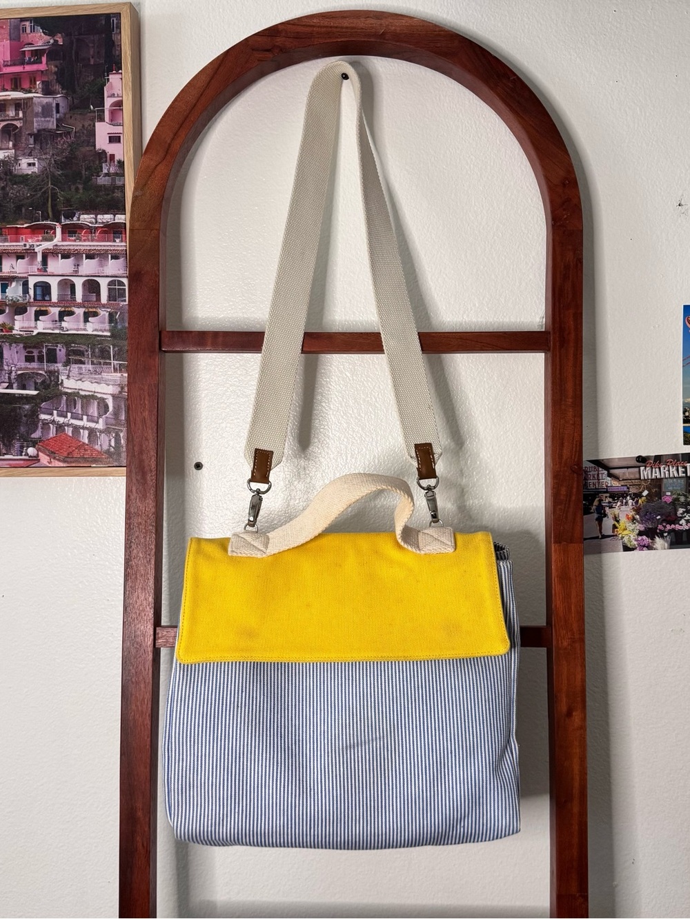 Rue De Verneuil Striped Beach Yellow Blue Canvas Tote Bag Shoulder